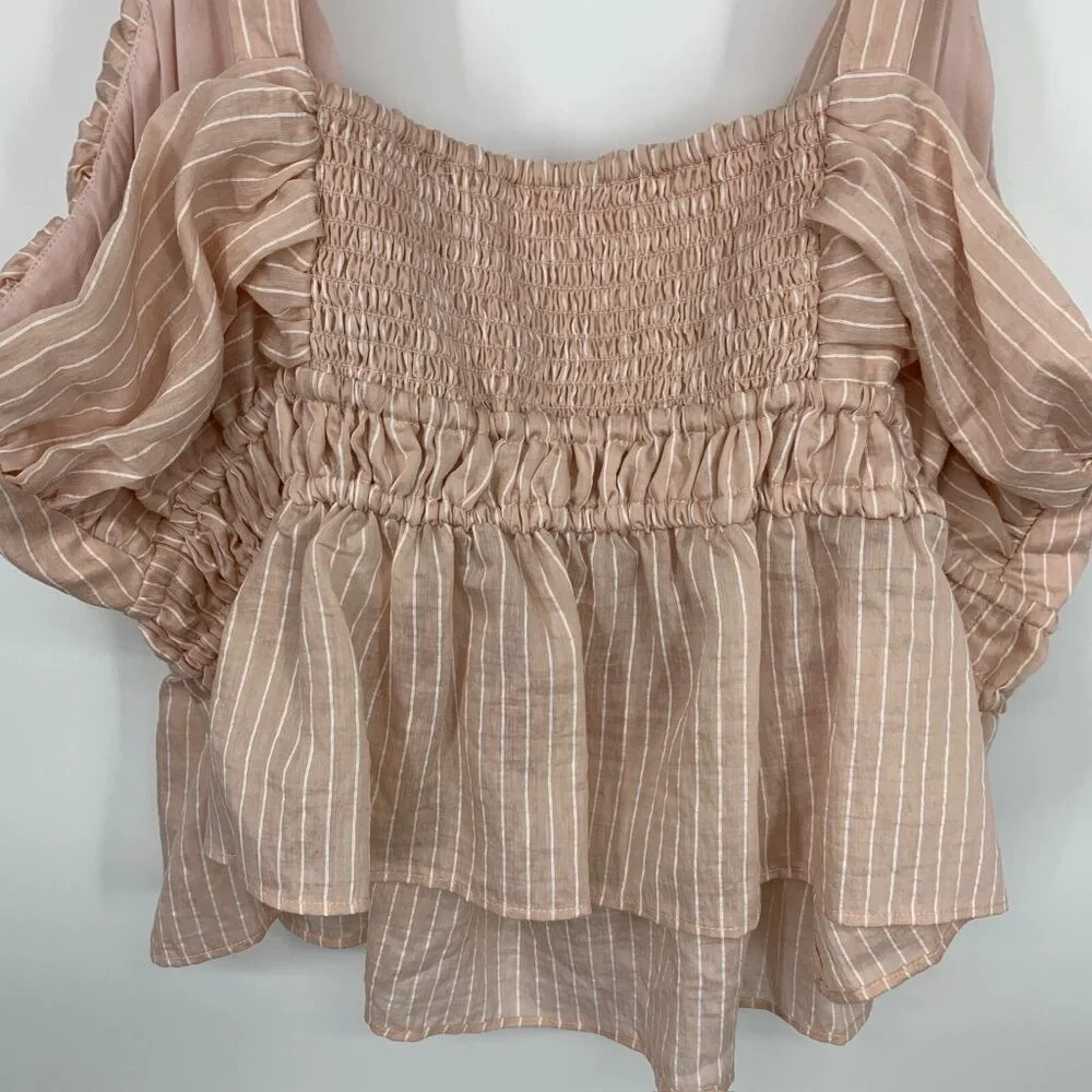 Anthropologie Maeve Top Shirred Peplum Crop Pink Stripe Sleeveless